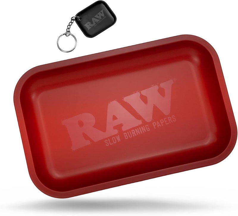Raw Red Small Rolling Tray 11" x 7" - Limited Edition Red Finish - Elegant, Sleek and Smooth Rounded Edges with Black Mini Tray Keychain by ES Distributions - Image 1